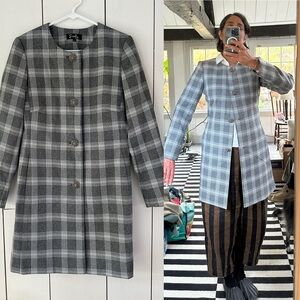 VTG 90s Emily... Glen Plaid Duster Jacket Size 6-8 Grey White Corpcore Career